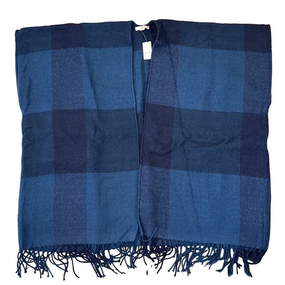 NWT LOFT Blue & Navy Oversized Plaid Open Front Poncho Wrap - Picture 5 of 8